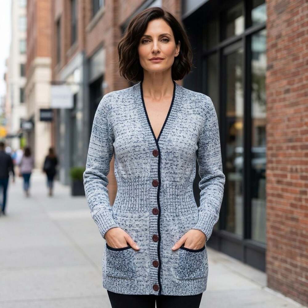 Women's Blue and White Marled Knit Button-Down Cardigan Sweater with Pockets